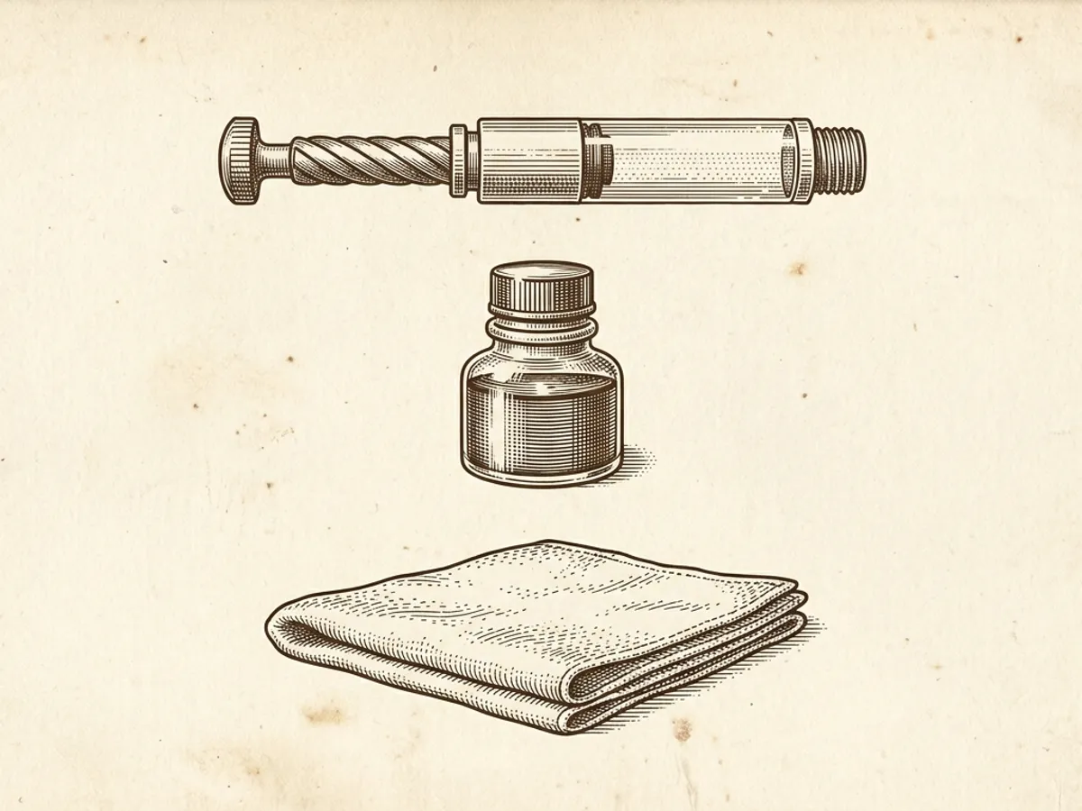 A fountain pen converter, a small ink bottle, and a cloth laid out as the three items needed for a bottled-ink setup