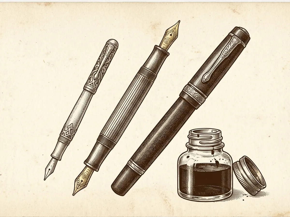 Three fountain pens of different designs arranged beside an open ink bottle, representing pens well-suited to bottled ink