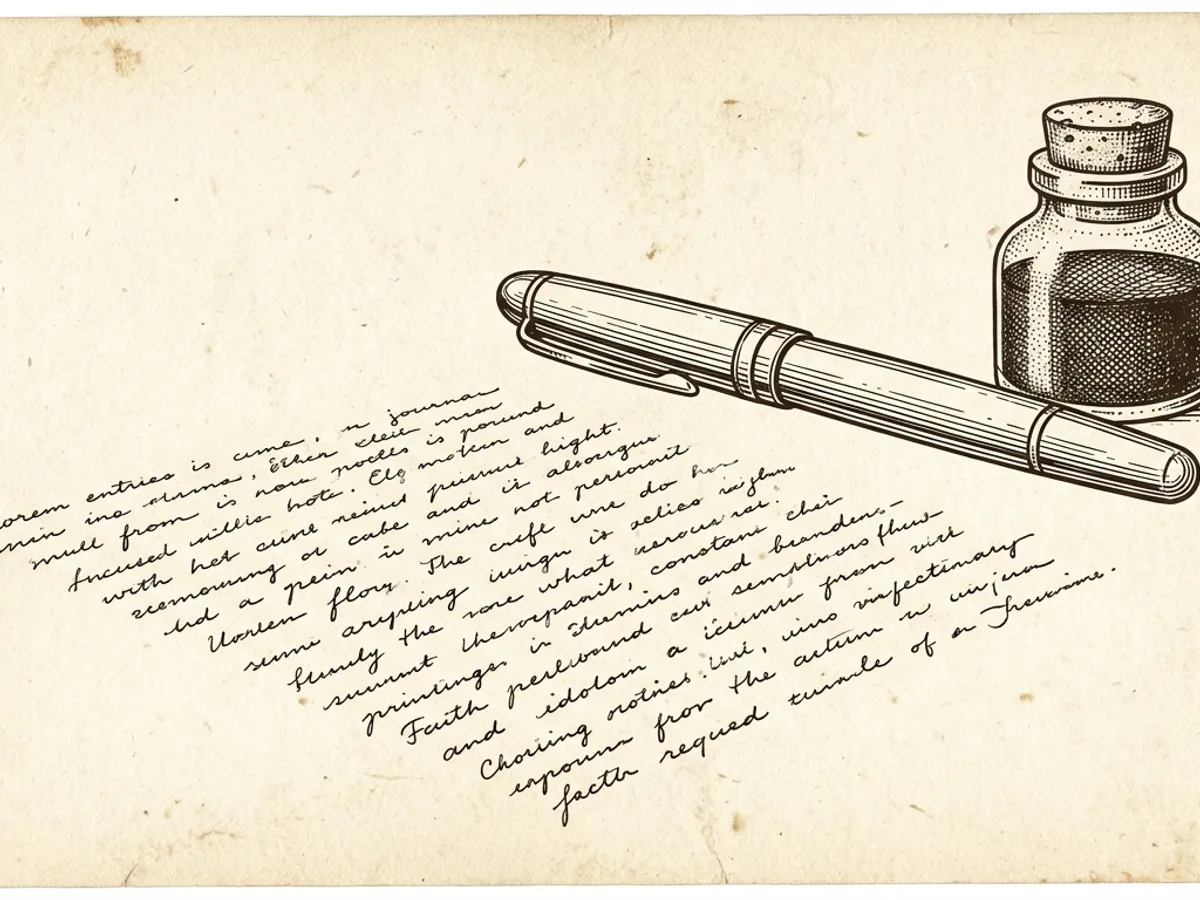 A capped fountain pen beside a sealed ink bottle resting on a completed handwritten page