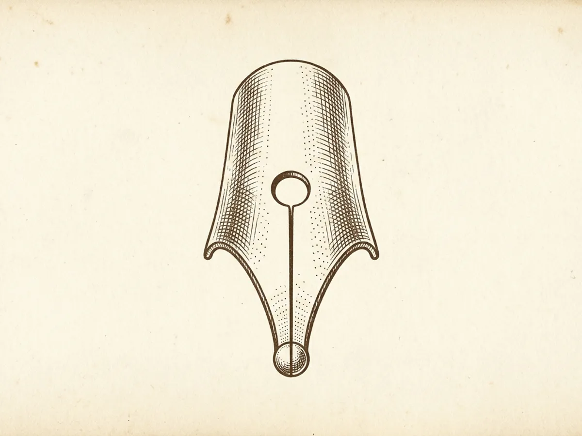 Close-up of a fountain pen nib showing the central slit, paired tines, breather hole, and iridium-alloy tip
