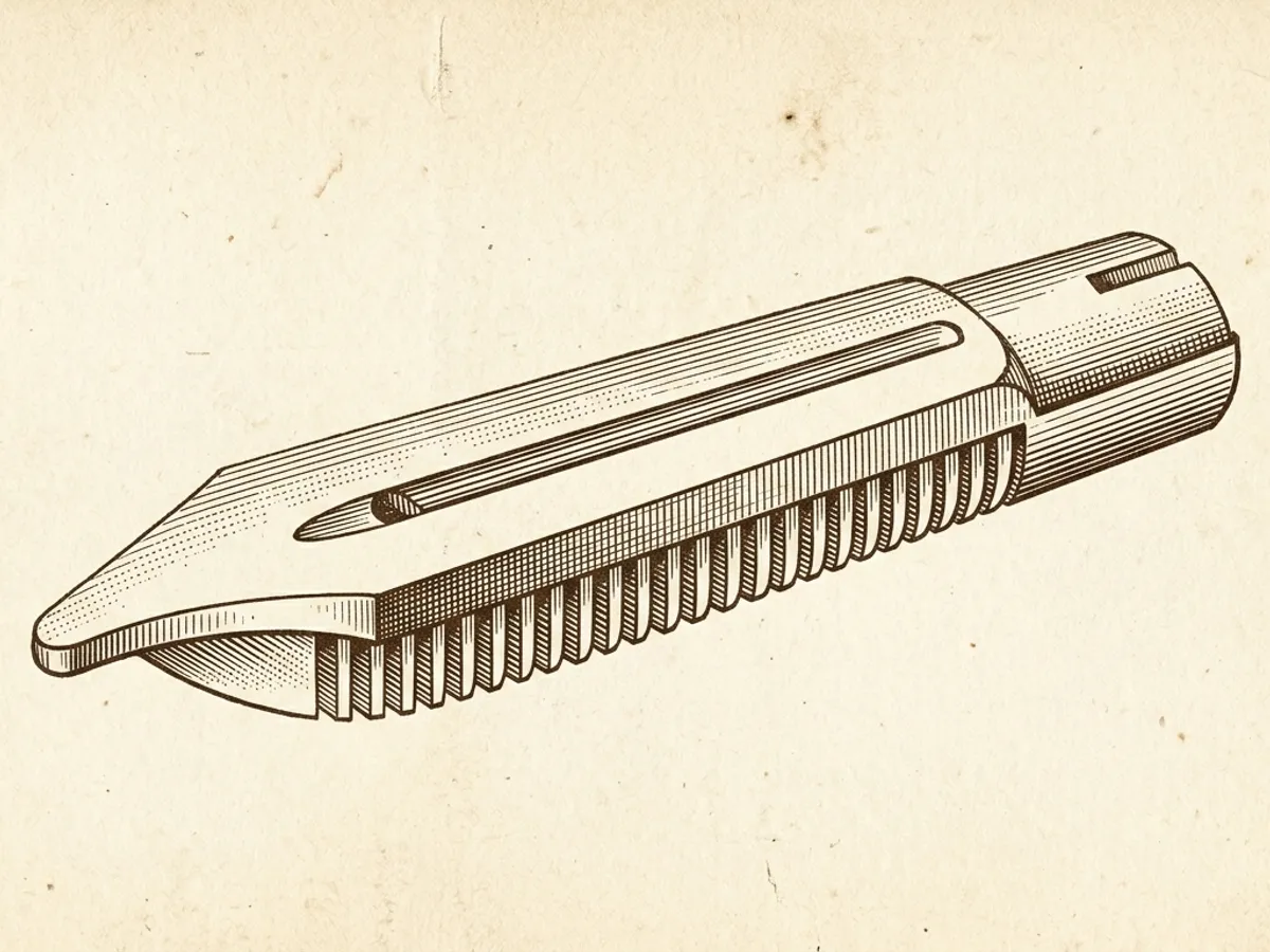 A fountain pen feed viewed from the side, showing the ink-delivery groove on top and fin channels for air return below