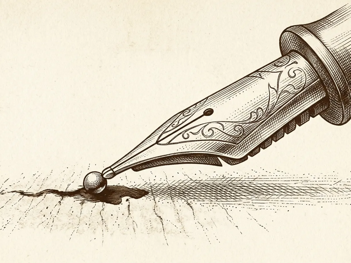 A fountain pen nib touching paper at a 45-degree angle, with ink transferring to the page surface by capillary action