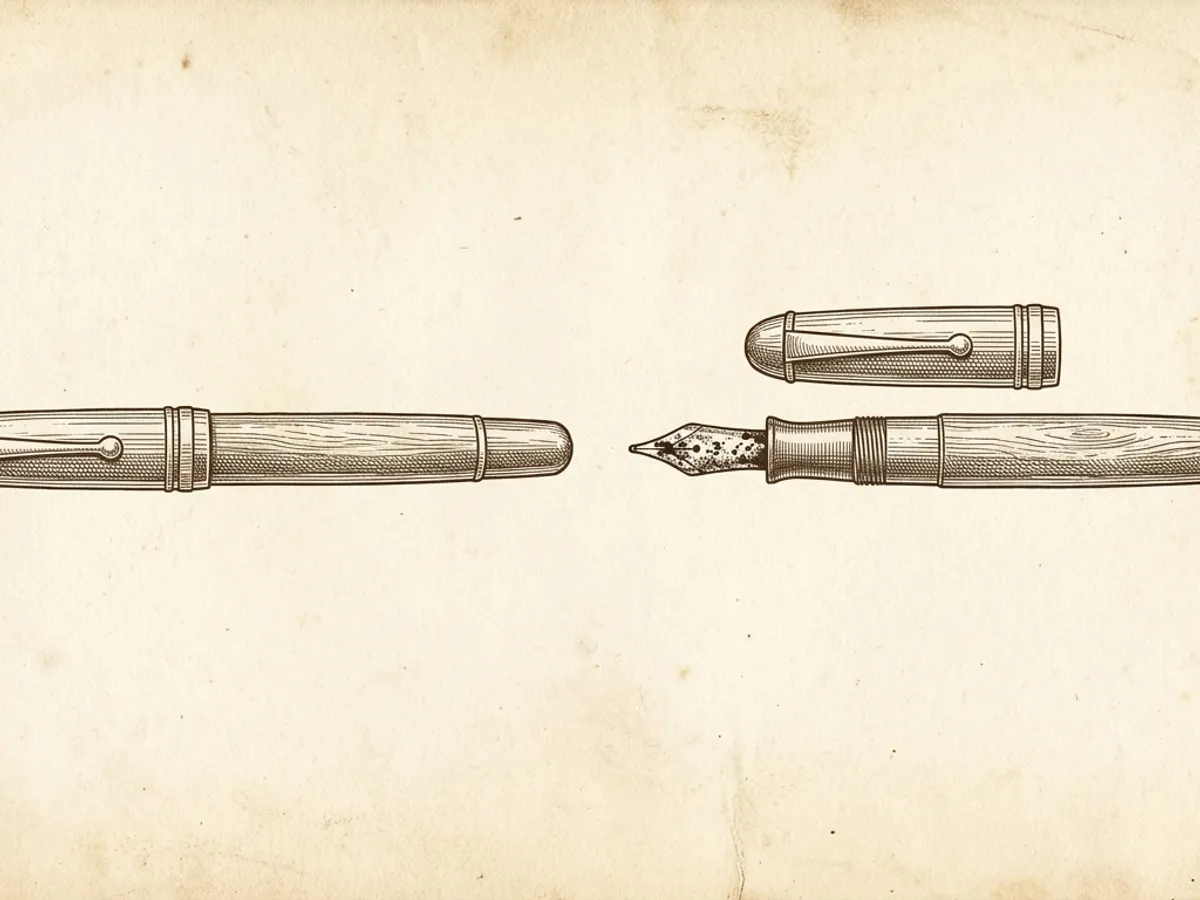 Two fountain pens side by side: one properly capped and one uncapped with dried ink residue visible at the nib slit
