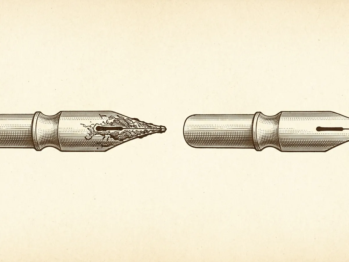 Two fountain pen nibs compared: one with dried ink blocking the slit causing hard starts, one clean and ready to flow