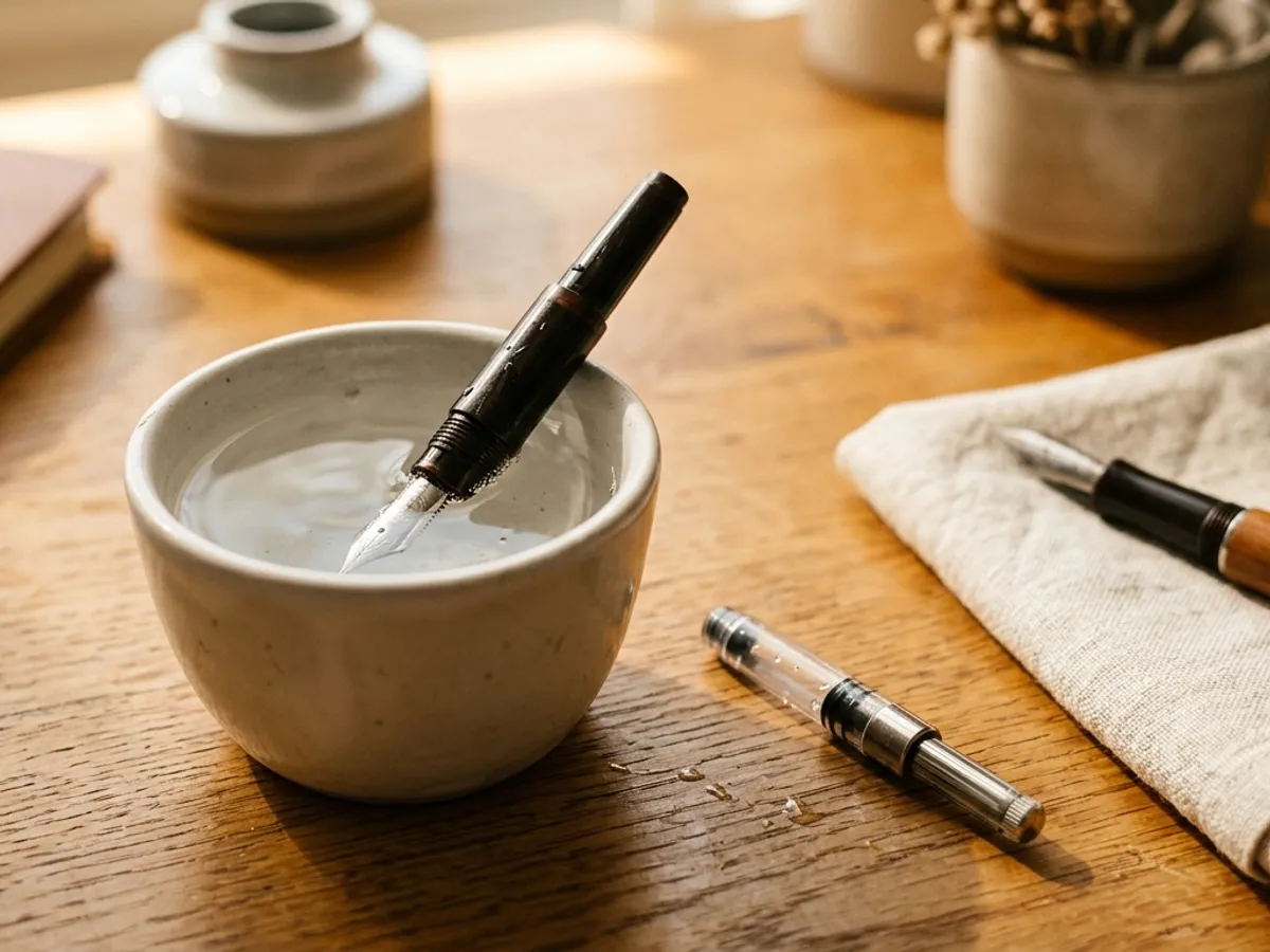 Fountain pen nib section soaking in a cup of water, converter removed, and a second pen drying nib-down on a cloth