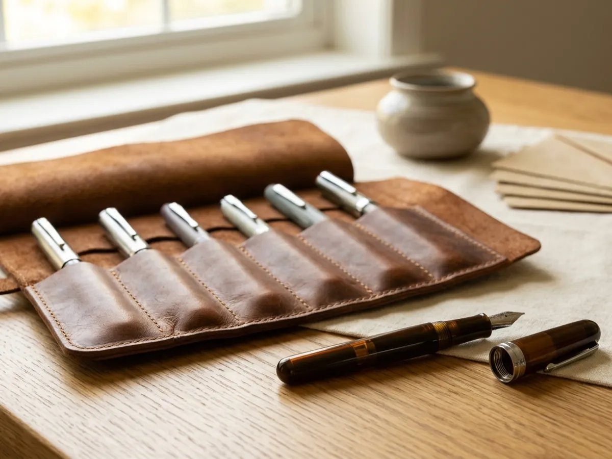 Leather pen roll holding fountain pens in separate channels beside a compact Kaweco Sport pocket pen