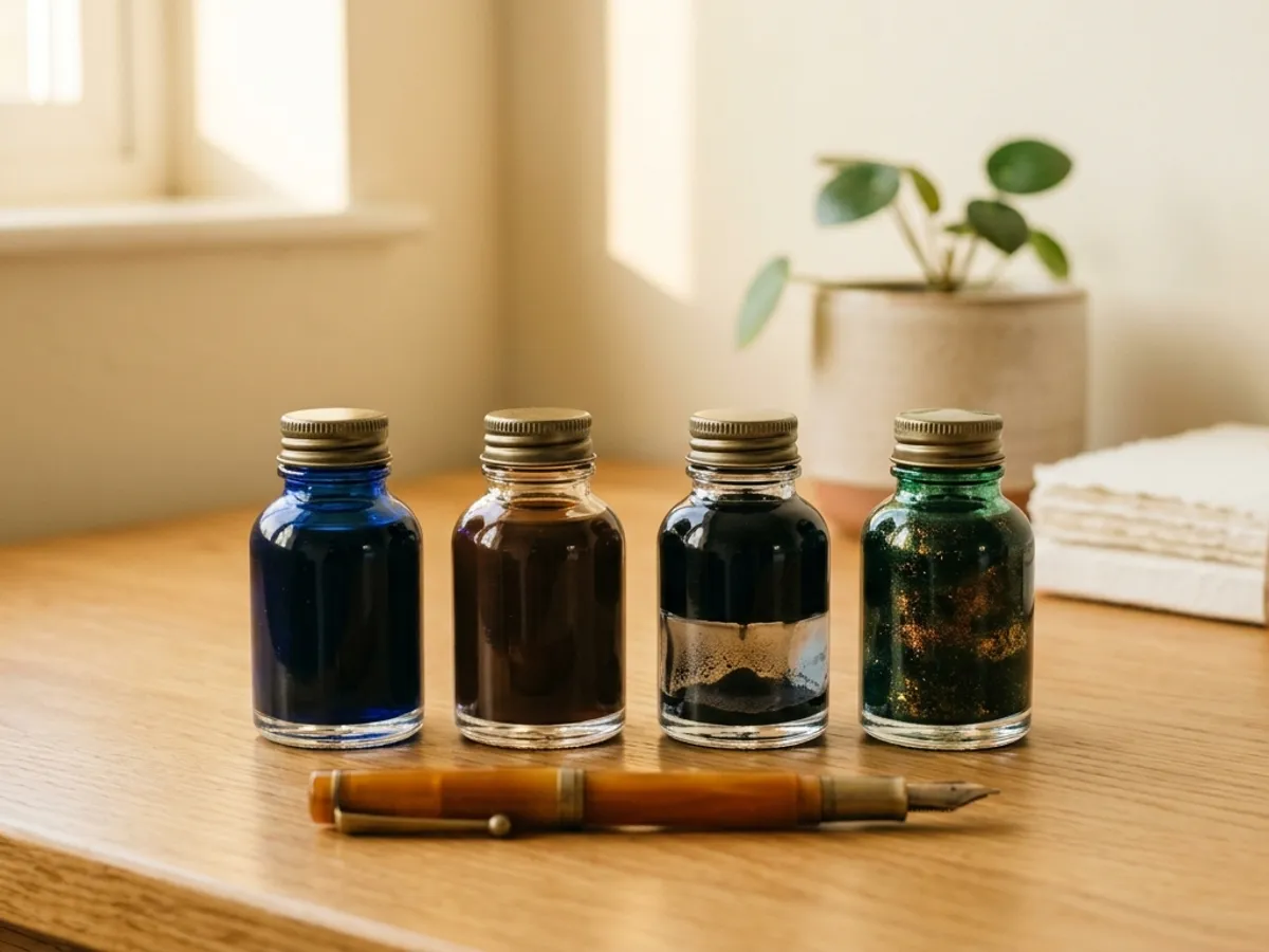 Four ink bottles in a row, one with sediment settled at the bottom and one with suspended particles, pen in front