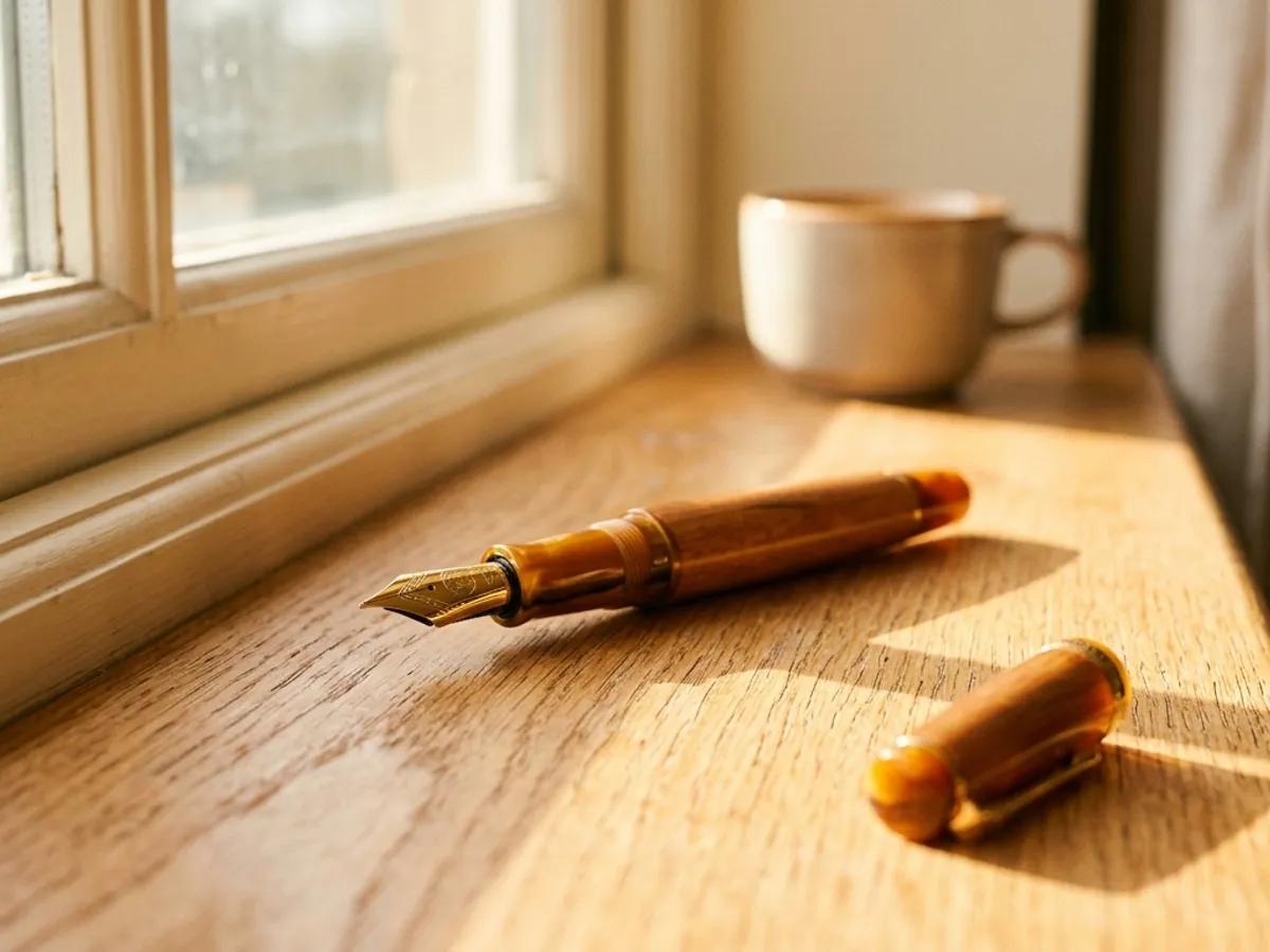 Uncapped fountain pen lying on a sunlit windowsill with its cap set apart from it