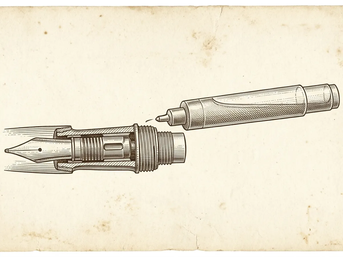 Illustration of a fountain pen cartridge aligned above the open pen section before insertion
