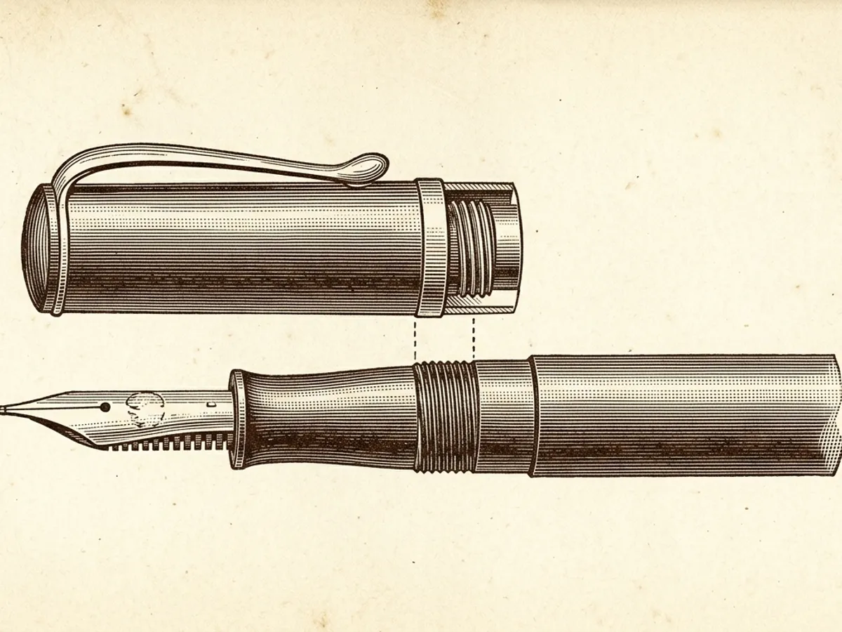 Illustration of a fountain pen cap being pulled straight off the barrel in a direct vertical motion