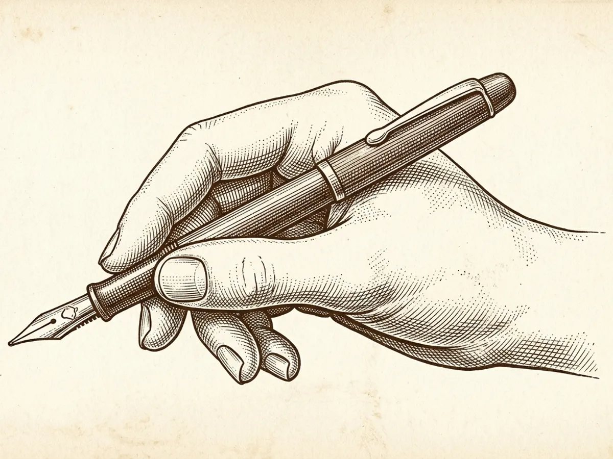 Illustration of a hand gripping a fountain pen loosely in a tripod hold with the flat nib face pointing upward