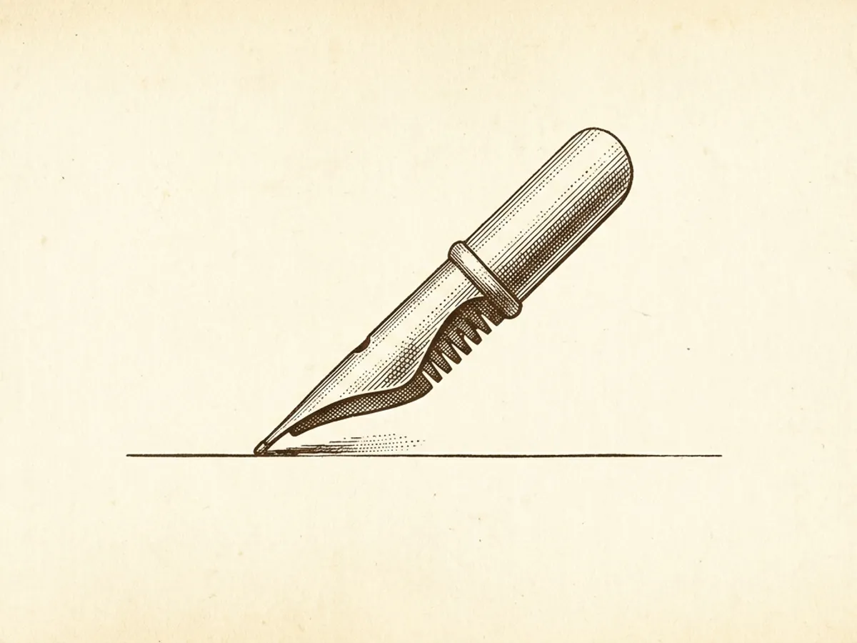 Illustration showing a fountain pen held at roughly 45 degrees over paper, nib barely touching the surface