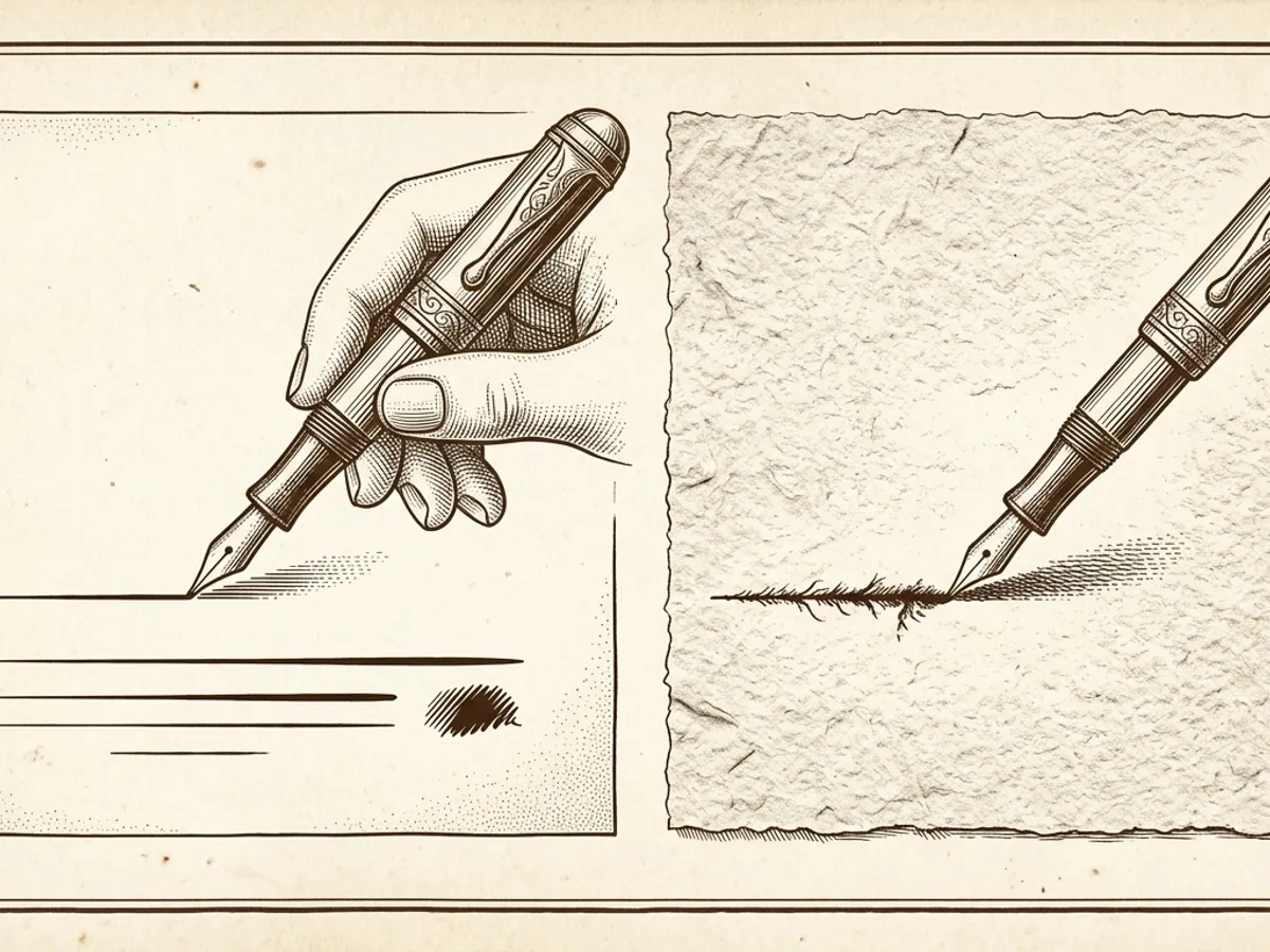 Illustration comparing a clean sharp ink line on smooth paper to feathered ink spreading on rough copy paper