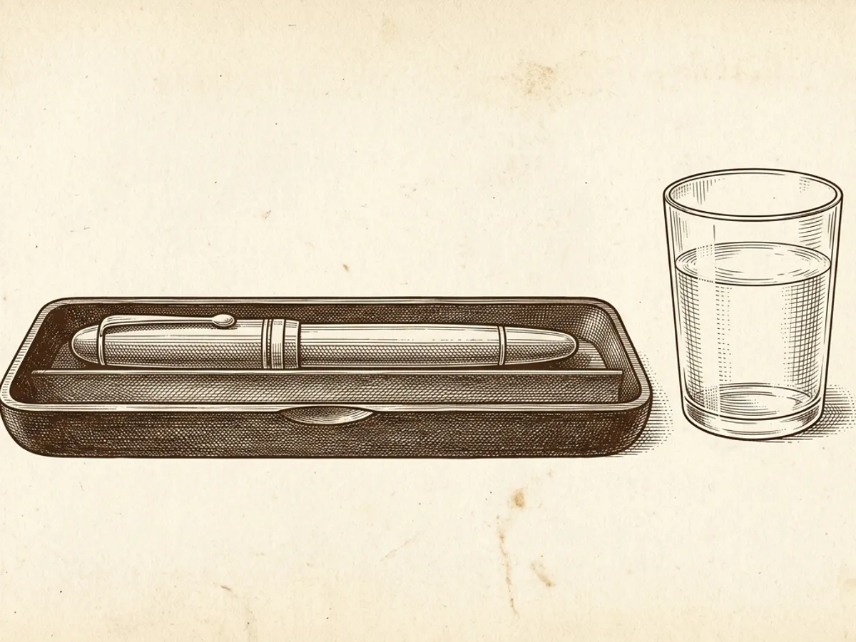 Illustration of a capped fountain pen resting on a pen tray next to a small glass of clear water for flushing