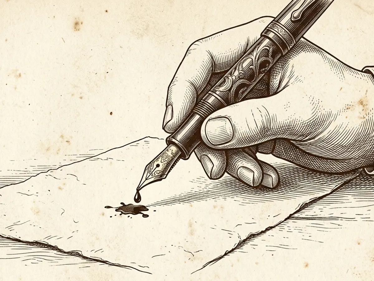 Illustration of a fountain pen held nib-down over scrap paper, gravity drawing ink toward the feed to restart flow
