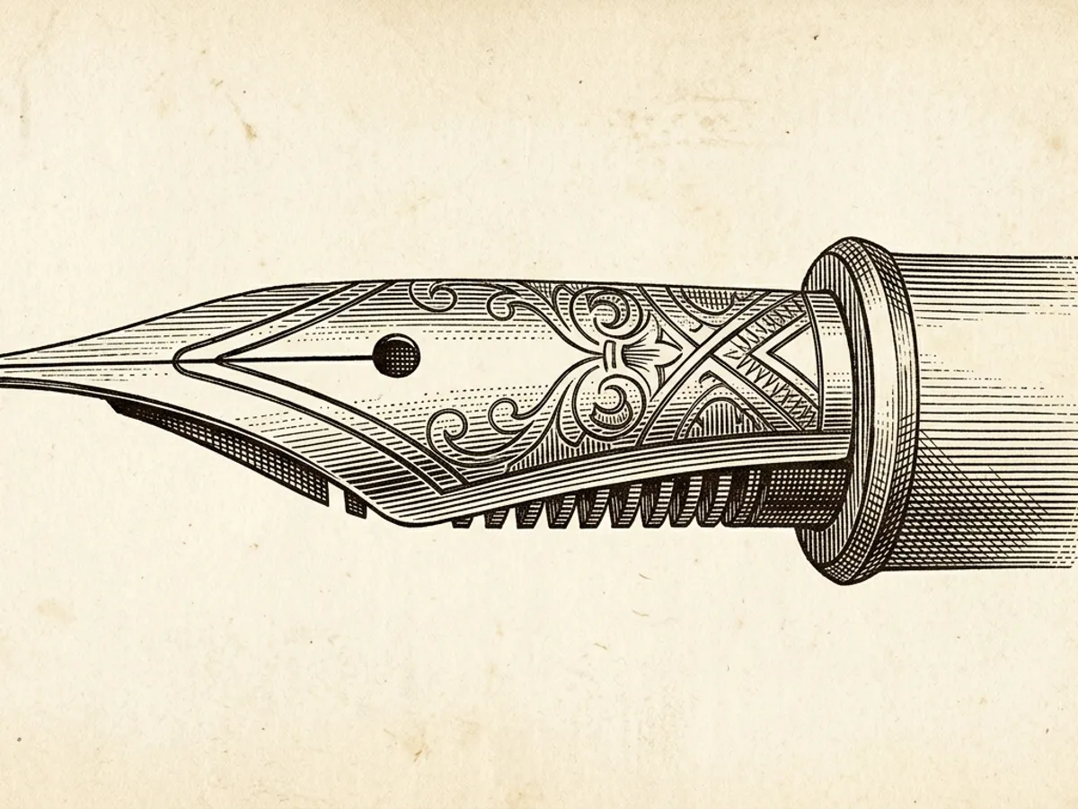 Vintage scientific illustration of a steel fountain pen nib showing the tines and ink feed channel on cream paper