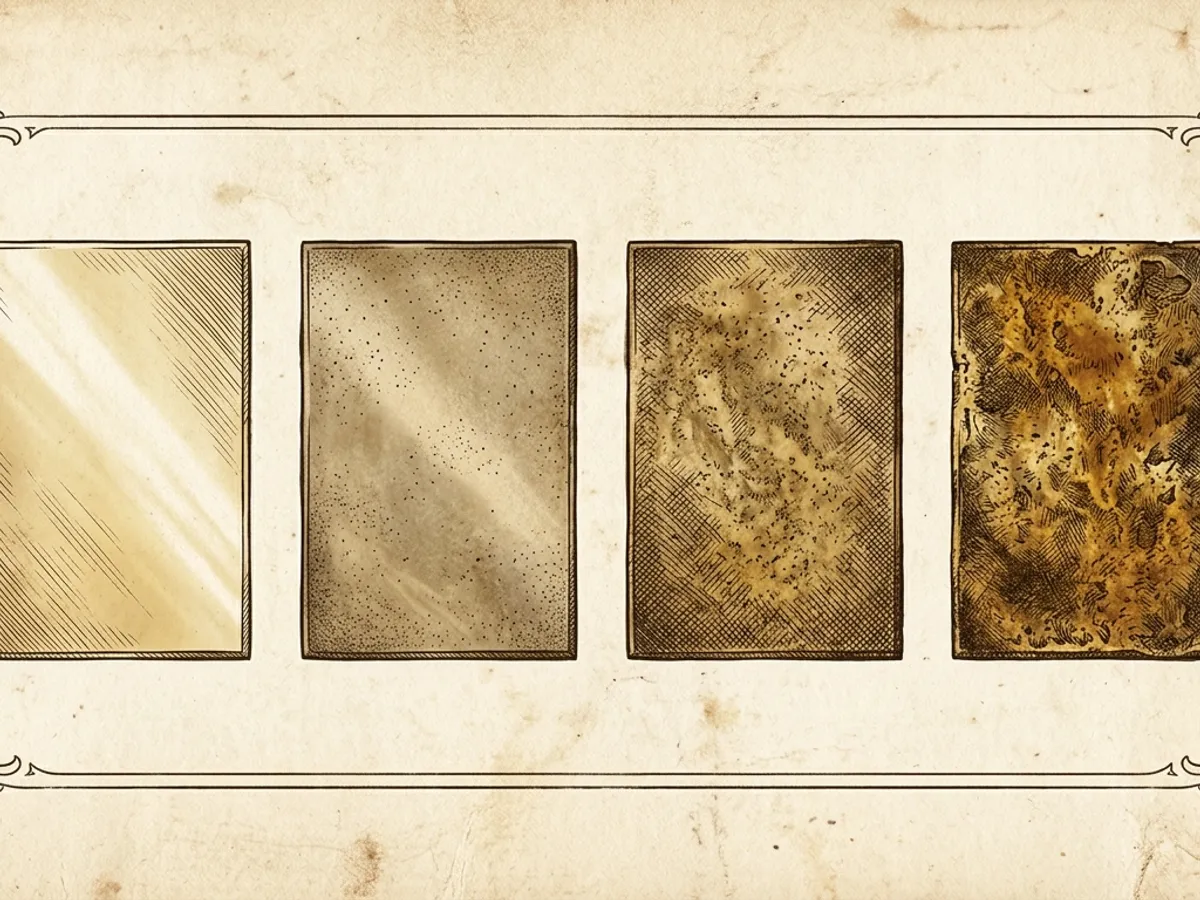 Scientific plate showing a brass surface transitioning from bright golden tone to deep amber patina on aged cream paper