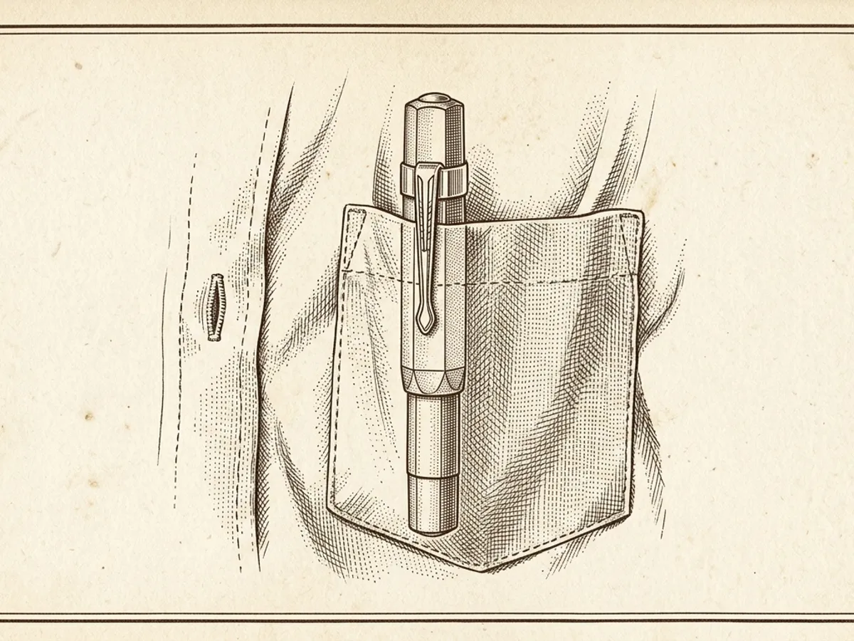 A compact octagonal fountain pen clipped into a shirt breast pocket, illustrating portable everyday carry