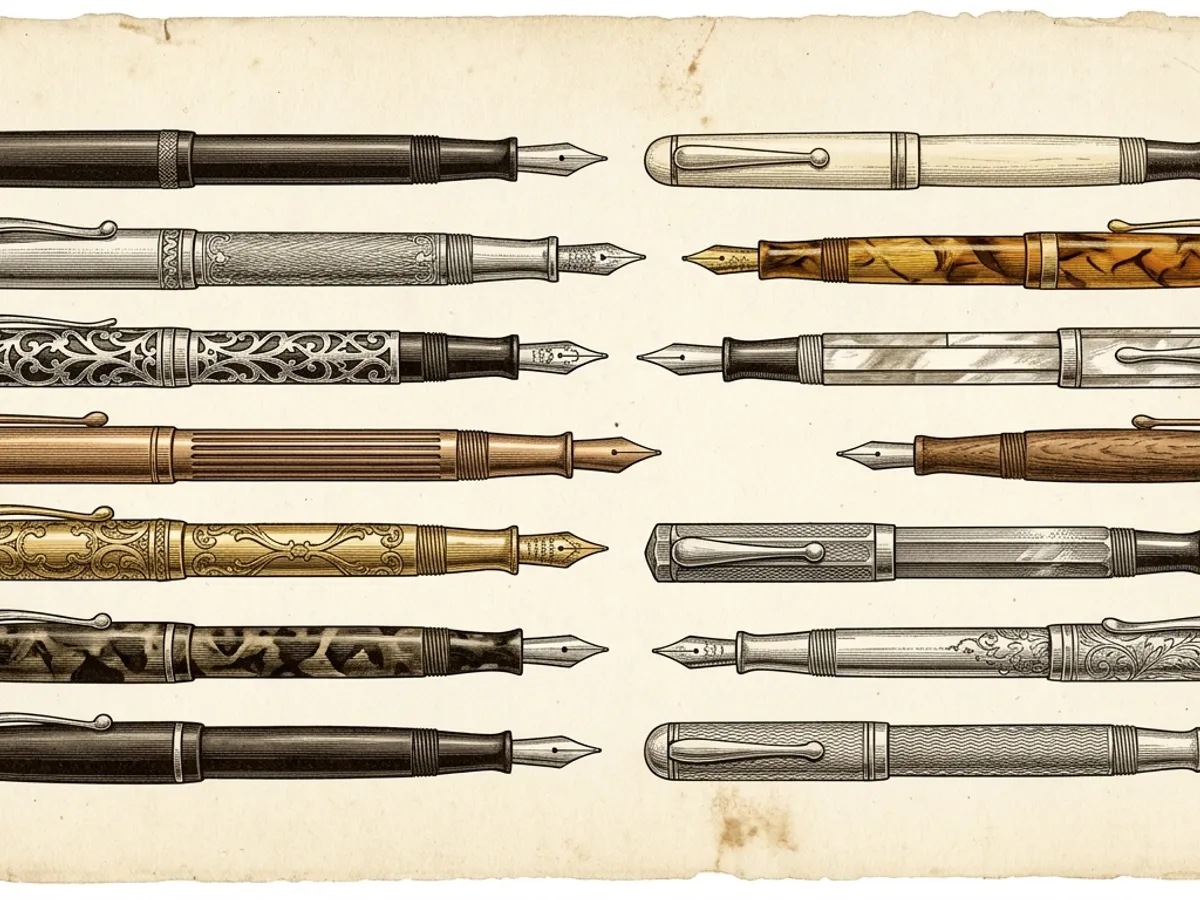 Scientific comparison plate of three compact fountain pens in brass, aluminum, and plastic on cream paper