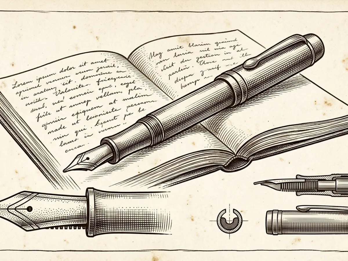 A brass compact fountain pen resting closed on an open journal with handwritten text on cream paper