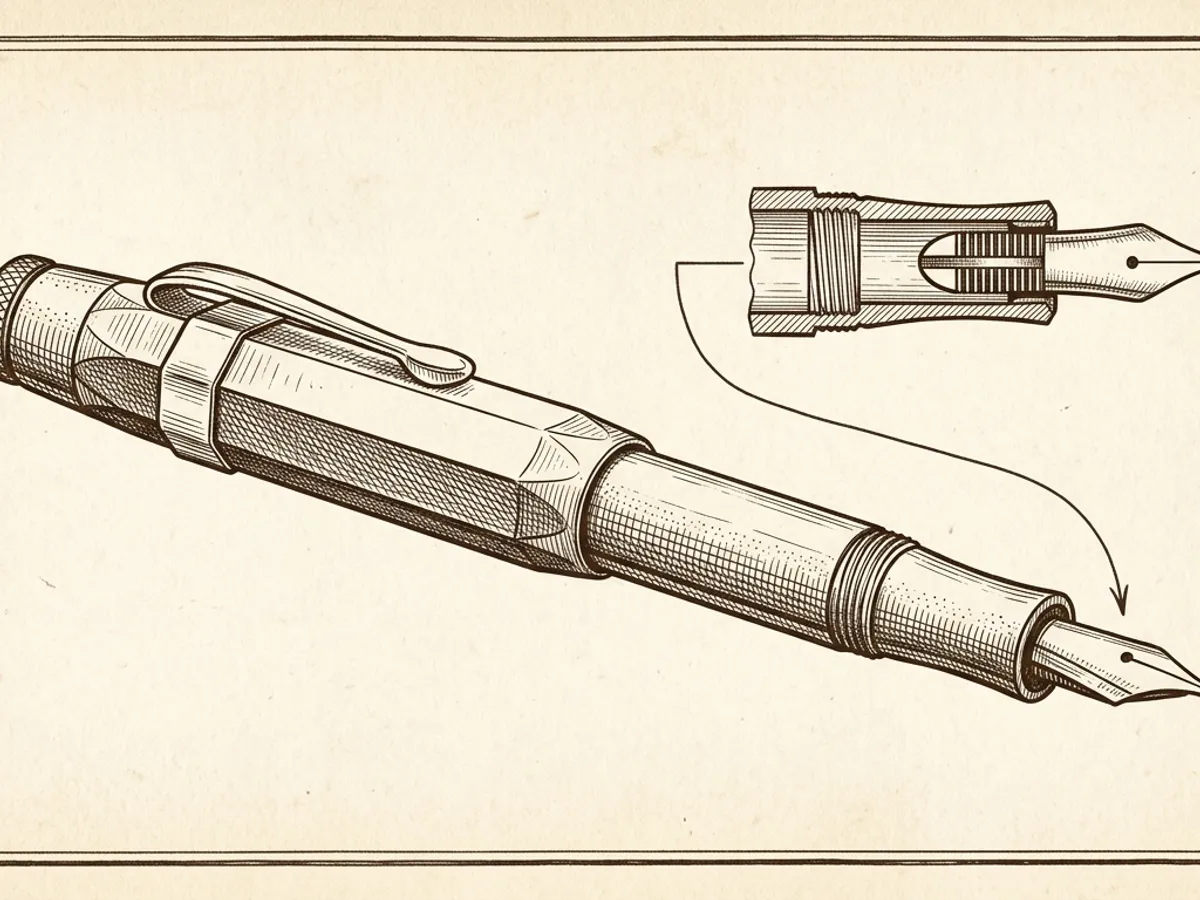 Scientific plate illustration of Kaweco Sport octagonal barrel profile and cross-section, sepia on cream