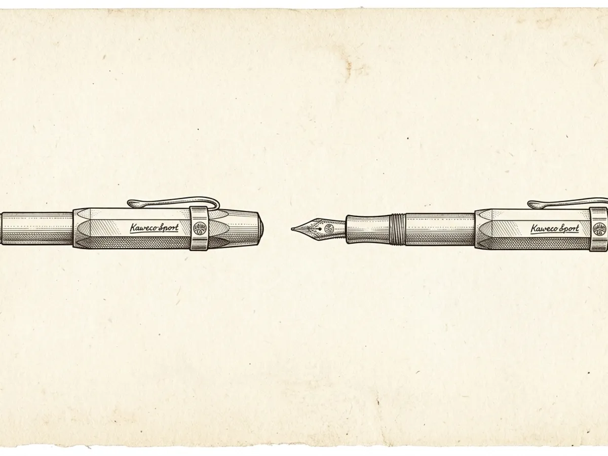 Scientific plate showing Kaweco Sport capped at 10.5 cm versus posted length, sepia on cream