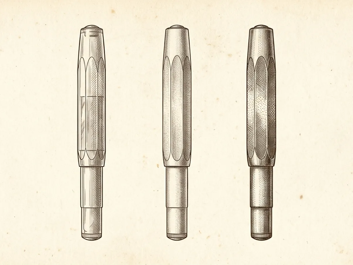 Botanical plate showing three Kaweco Sport variants — acrylic, AL aluminum, brass — arranged side by side