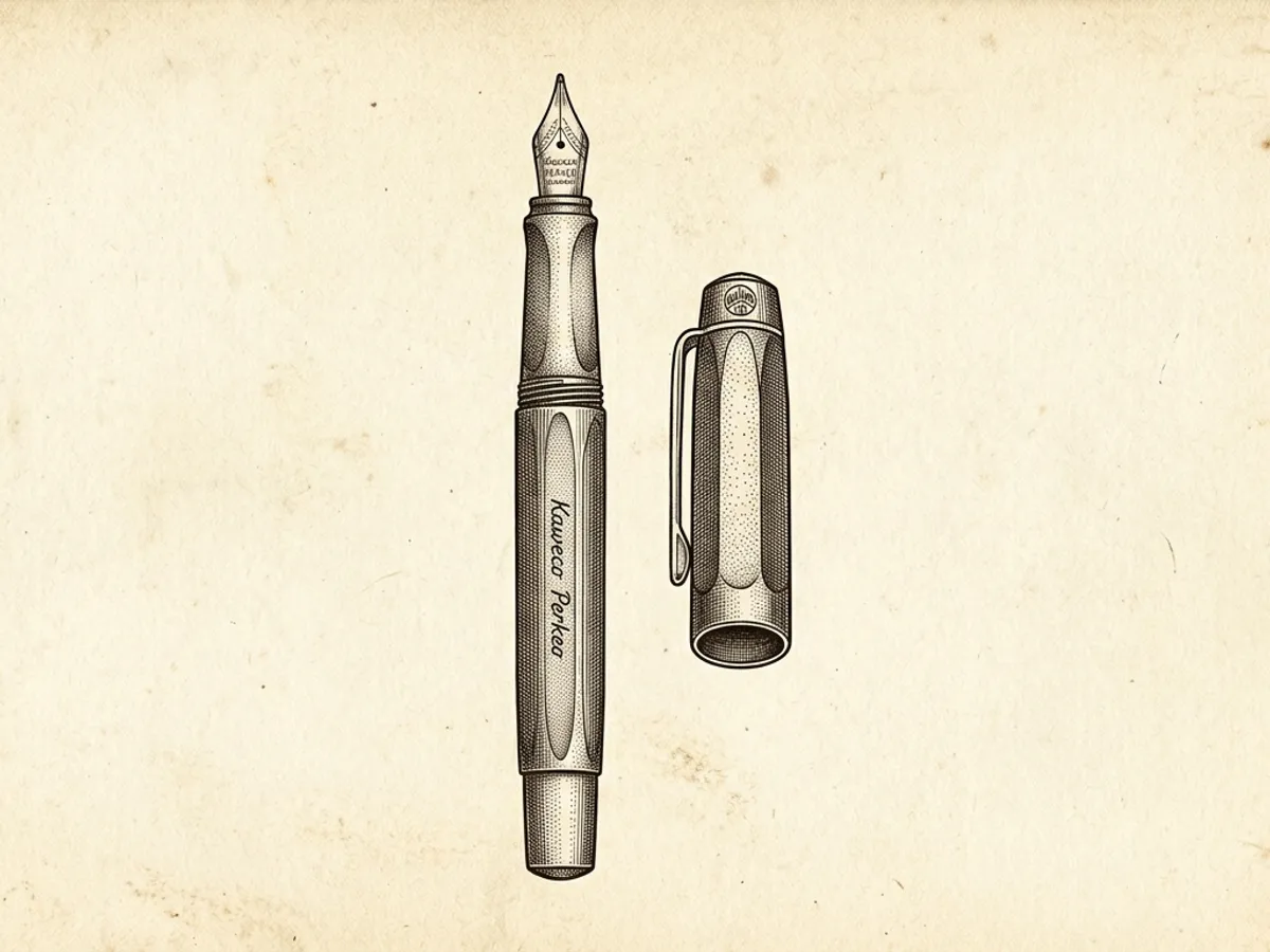 Scientific illustration of Kaweco Perkeo All Black pen with cap removed, sepia on cream
