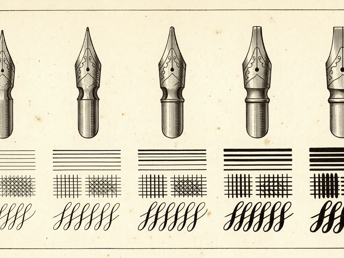 Scientific plate comparing EF, F, M, B fountain pen nib grades with stroke width samples, sepia on cream