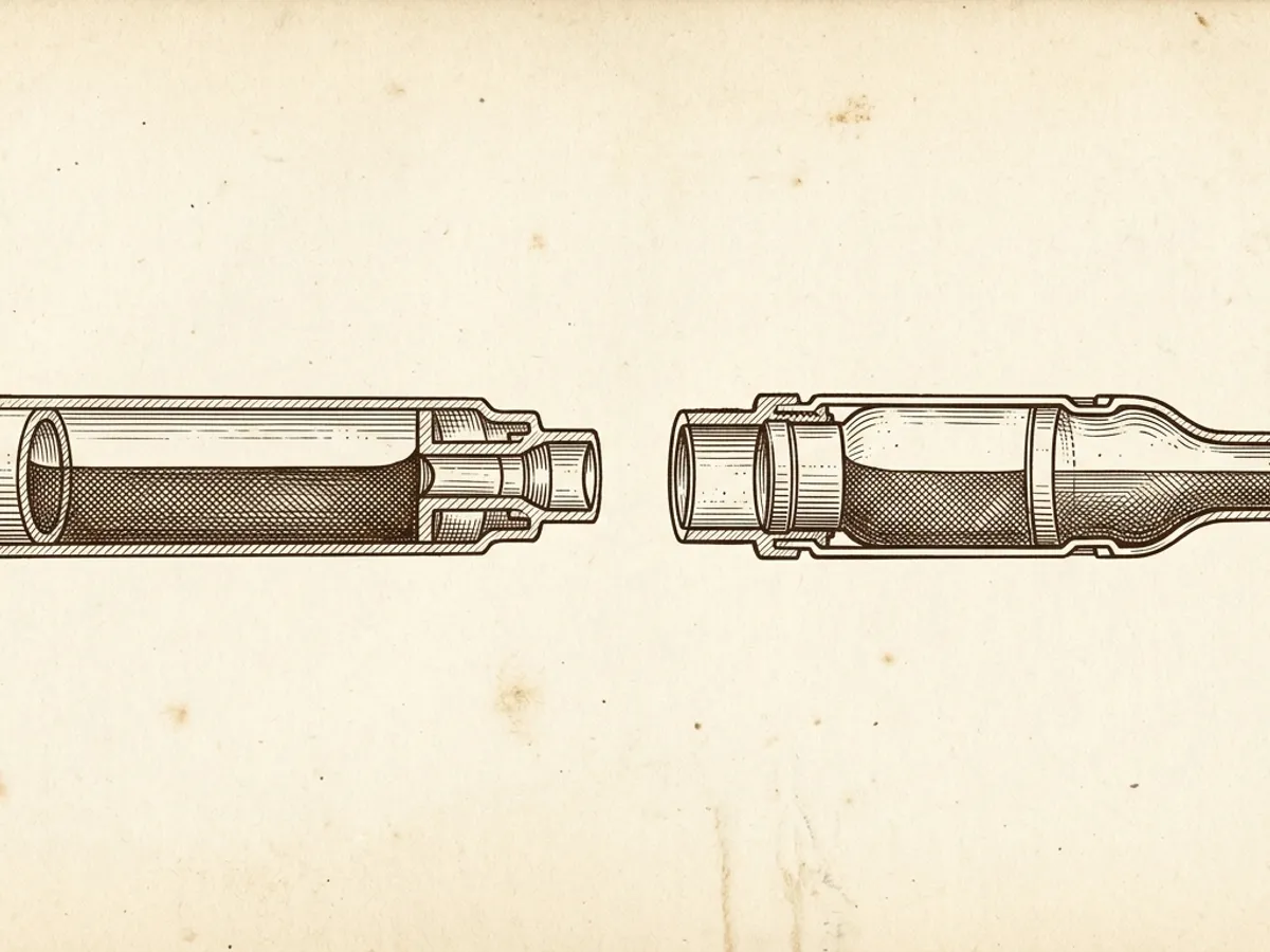 Anatomical cross-section of standard international ink cartridge and squeeze converter, sepia on cream