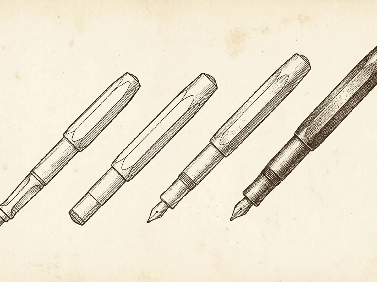 Botanical plate arranging Kaweco Perkeo, Classic Sport, AL Sport, and Brass Sport by material and price tier
