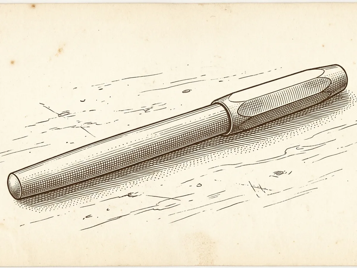 A Kaweco Perkeo fountain pen with a smooth cylindrical barrel resting on a wooden writing desk beside a blank notebook