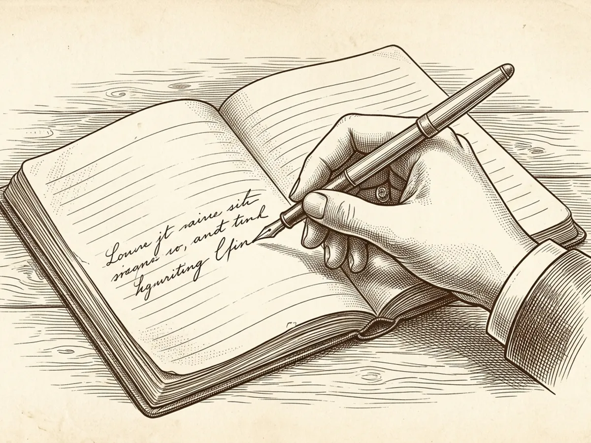 A hand writing in an open journal with a lightweight fountain pen, representing everyday student and desk writing use