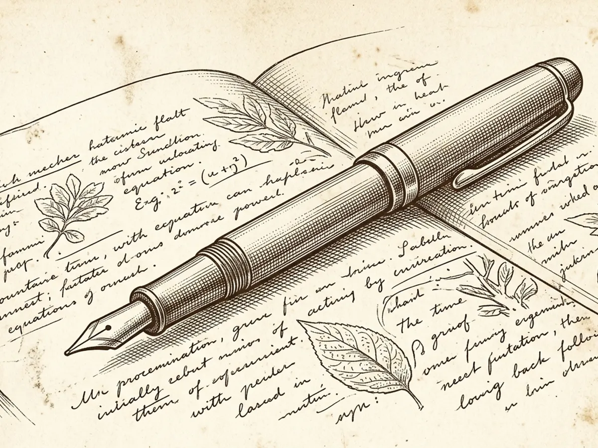 A capped Kaweco fountain pen resting diagonally across a completed page of handwritten notes in a journal