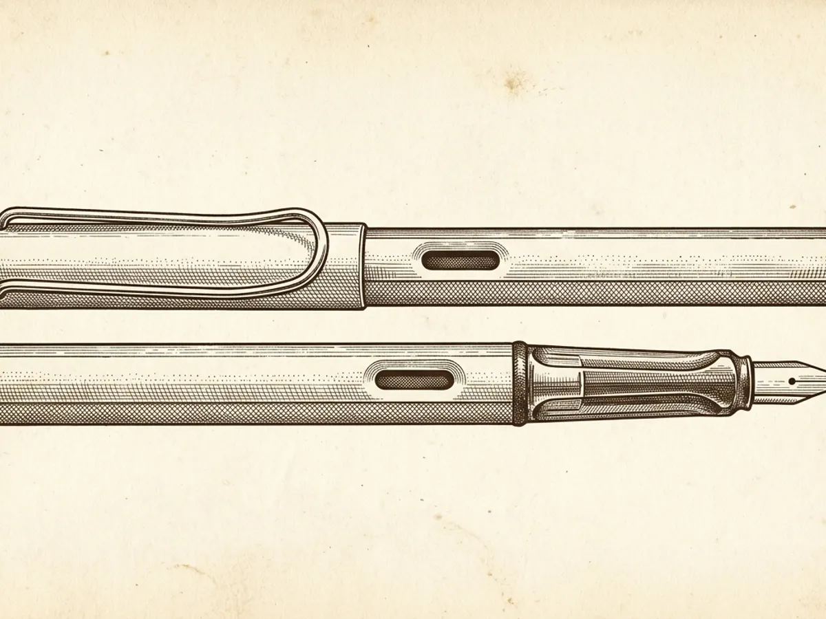 A Lamy AL-Star fountain pen in graphite aluminum with cap removed, revealing the triangular grip section and steel nib