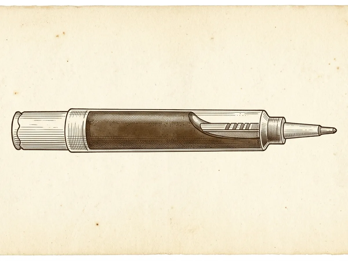 Vintage scientific plate illustration of a Lamy T10 fountain pen ink cartridge showing the sealed tip and rounded body on aged cream paper
