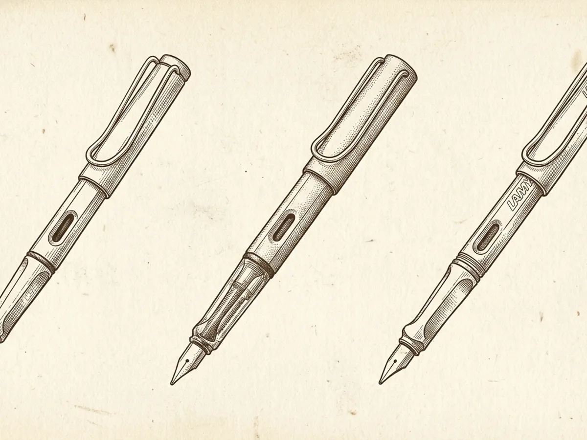 Scientific illustration of three Lamy fountain pens — Safari, AL-Star, and Vista — arranged as labeled specimens on aged cream paper