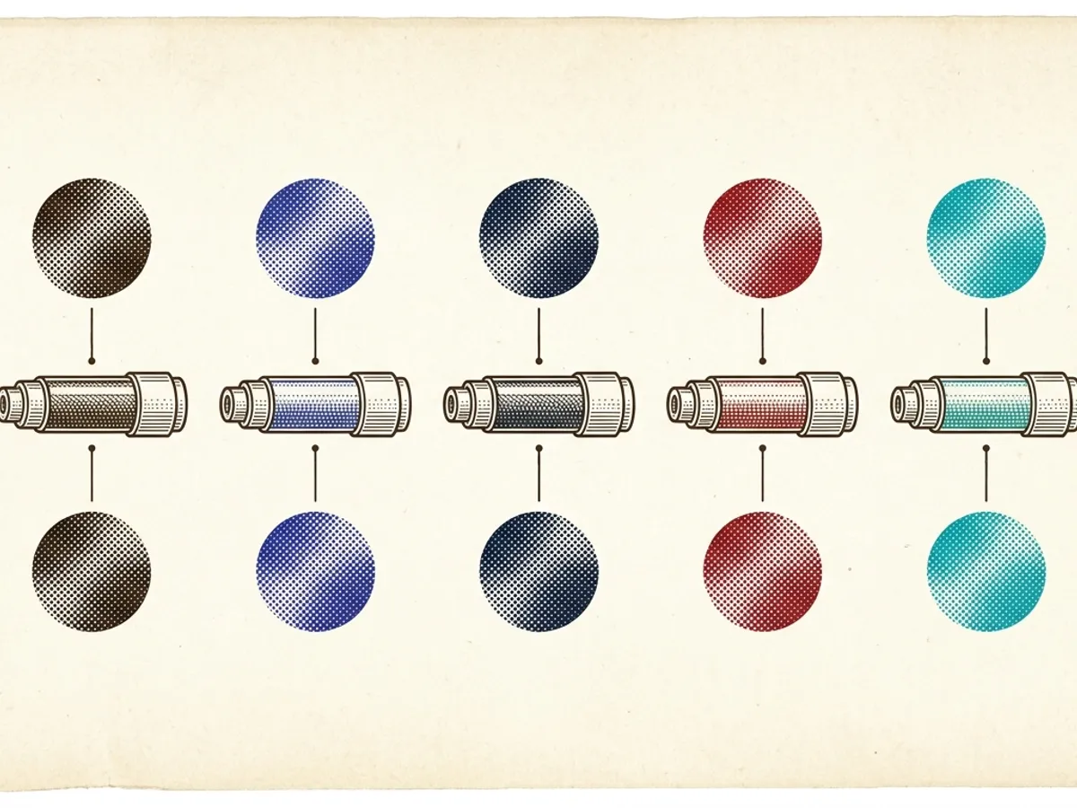 Vintage color plate showing five Lamy T10 ink cartridges in black, blue, blue-black, red, and turquoise arranged on cream specimen paper