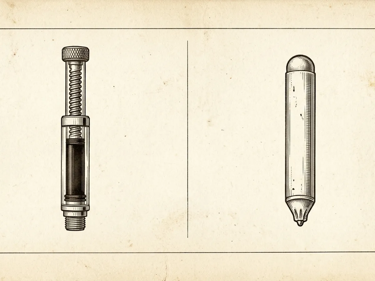 Scientific comparison plate showing a Lamy Z24 converter beside a T10 ink cartridge on aged cream paper illustrating the two filling options