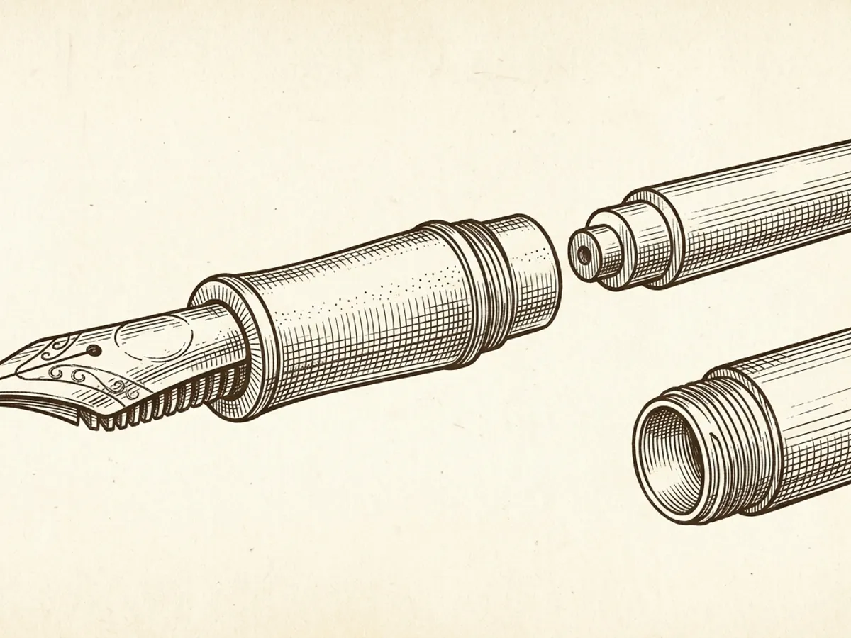 Botanical diagram of a disassembled Lamy fountain pen grip section and barrel with a T10 cartridge positioned for insertion on cream paper