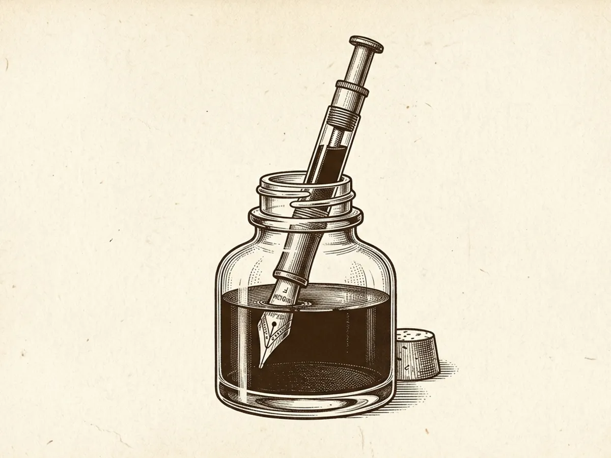 Scientific illustration of a fountain pen nib submerged in an open glass ink bottle during converter filling on sepia and cream paper