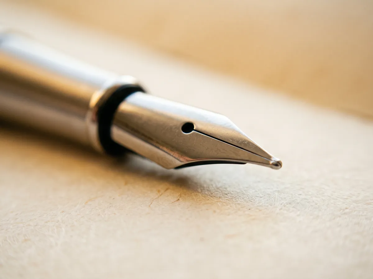 Macro view of a polished steel fountain pen nib showing the tines, breather hole, and slit.
