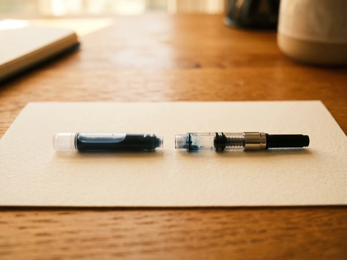 An ink cartridge and a piston converter arranged side by side on cream paper.