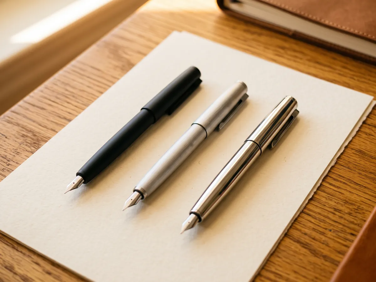 Three fountain pens in a row showing a progression in material from matte plastic to brushed metal to polished steel.