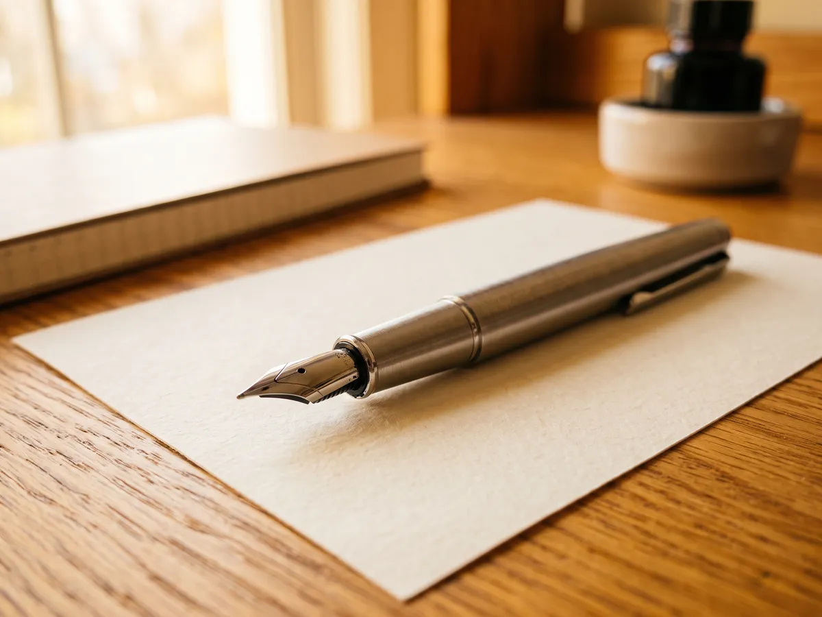 A brushed-metal fountain pen uncapped, steel nib facing outward, resting on cream paper.