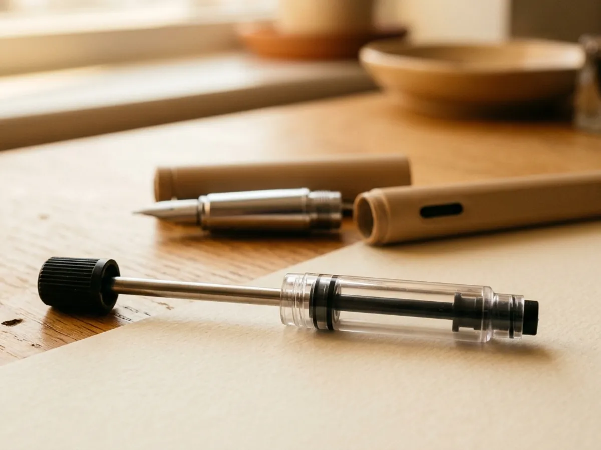 Lamy Z24 converter showing twist knob, piston, and transparent chamber, next to an open Lamy Safari barrel