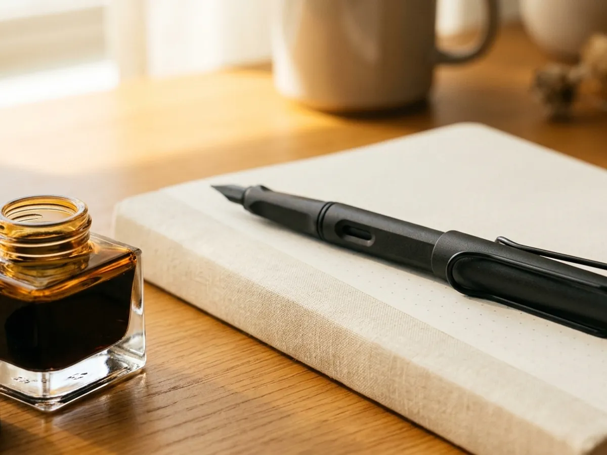 Hand dipping a Lamy Safari nib and grip into an open ink bottle while twisting the converter knob