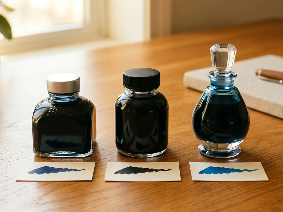 Diamine Blue-Black, Noodler's Black, and Pilot Iroshizuku Kon-peki ink bottles in a row with ink swatches