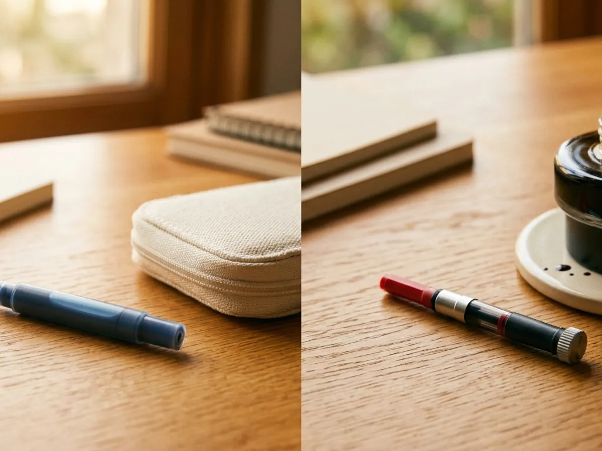 Lamy T10 cartridge with a travel case on one side, Z24 converter with an open ink bottle on the other