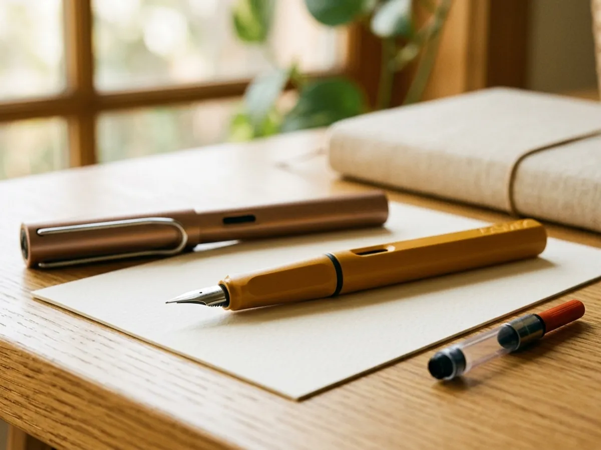 Uncapped Lamy Safari with Z24 converter and ink bottle, Lamy AL-Star lying behind